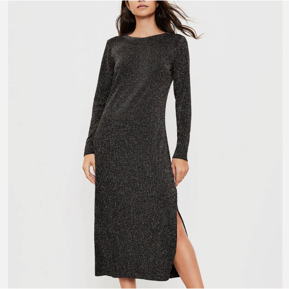 Loft Black Multicolor Long Sleeve Side Slit Shimmer Midi Dress